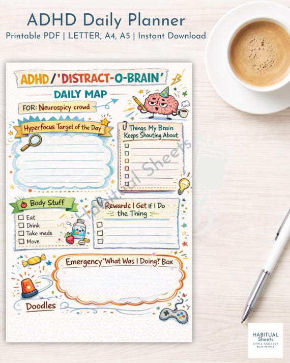 ADHD Daily Planner | Neurodivergent Brain Dump & Focus Map (PDF Printable)