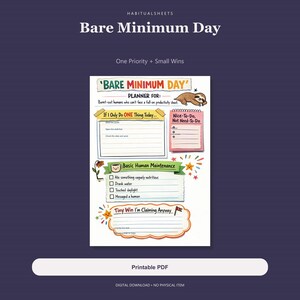 Bare Minimum Day Planner Printable, Gentle Self-Care Checklist, Four PDF Sizes