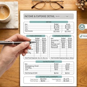 May include: A detailed income and expense detail sheet with sections for income, fixed expenses, variable expenses, savings, and debt. The sheet includes budget and actual columns. A hand holds a pen over the sheet. A coffee cup and glasses are also visible.