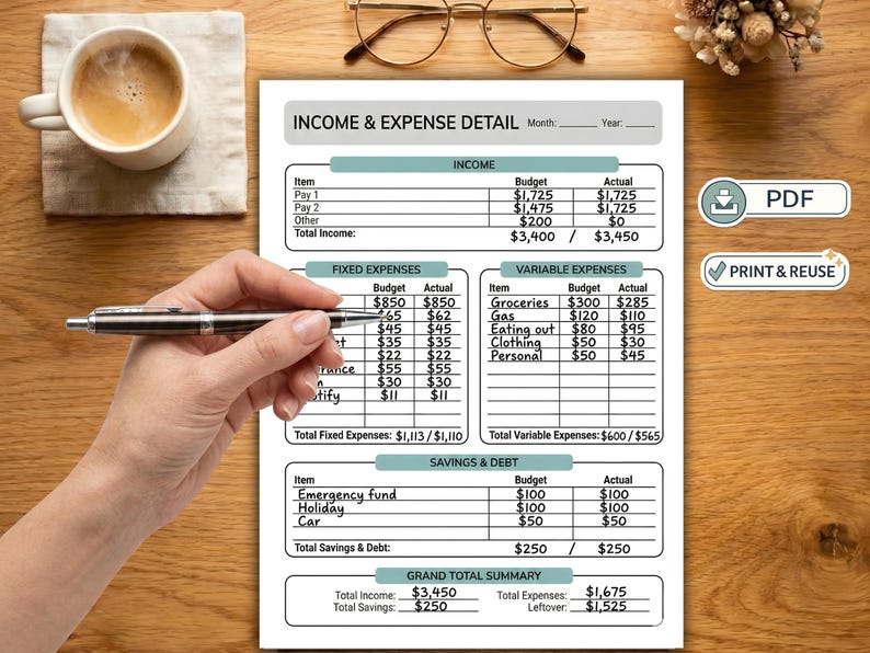 May include: A detailed income and expense detail sheet with sections for income, fixed expenses, variable expenses, savings, and debt. The sheet includes budget and actual columns. A hand holds a pen over the sheet. A coffee cup and glasses are also visible.
