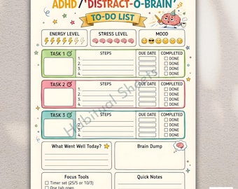 ADHDのToDoリスト｜神経多様性のある人のための毎日のタスクトラッカー（PDF、レターサイズA4/A5/ハーフレターサイズ）