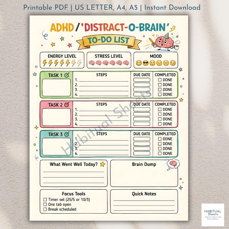 ADHD To-do List | Daily Task Tracker for Neurodivergent (PDF, Letter ...
