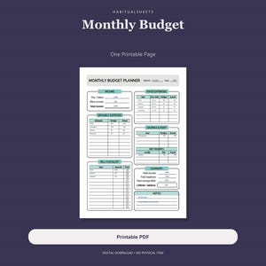 One-Page Monthly Budget Printable, Income and Bill Tracker PDF, Four Sizes