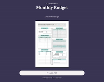 May include: A white monthly budget planner printable page featuring teal headers for income, fixed expenses, variable expenses, savings, debt, and a bill checklist. The document includes sections for month, year, and a summary of total income, expenses, and balance.