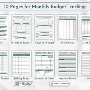 May include: A digital download featuring 10 pages for monthly budget tracking. The pages include an overview, income & expense details, paycheck budget, bills tracker, debt snowball, subscription tracker, sinking funds, accounts & cards, monthly review, and notes.