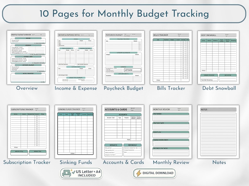May include: A digital download featuring 10 pages for monthly budget tracking. The pages include an overview, income & expense details, paycheck budget, bills tracker, debt snowball, subscription tracker, sinking funds, accounts & cards, monthly review, and notes.