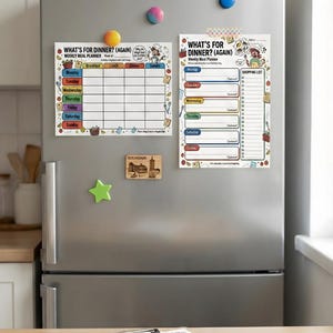 May include: A 3-page meal planner set with the text "3-PAGE MEAL PLANNER SET". The set includes a weekly meal planner and a shopping list, both with colorful illustrations and the text "WHAT'S FOR DINNER? (AGAIN)". The set is attached to a fridge.