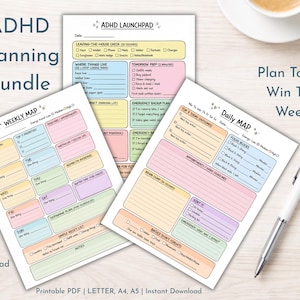 May include: ADHD planning bundle with daily, weekly, and launchpad templates. The templates include sections for daily tasks, priorities, and emergency plans. The text "Plan Today. Win This Week." is also visible.