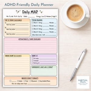 May include: A daily planner with the text "ADHD-Friendly Daily Planner" and "Daily MAP". The planner includes sections for outcomes, focus blocks, appointments, a brain dump, and basics. A cup of coffee and a pen are next to the planner.