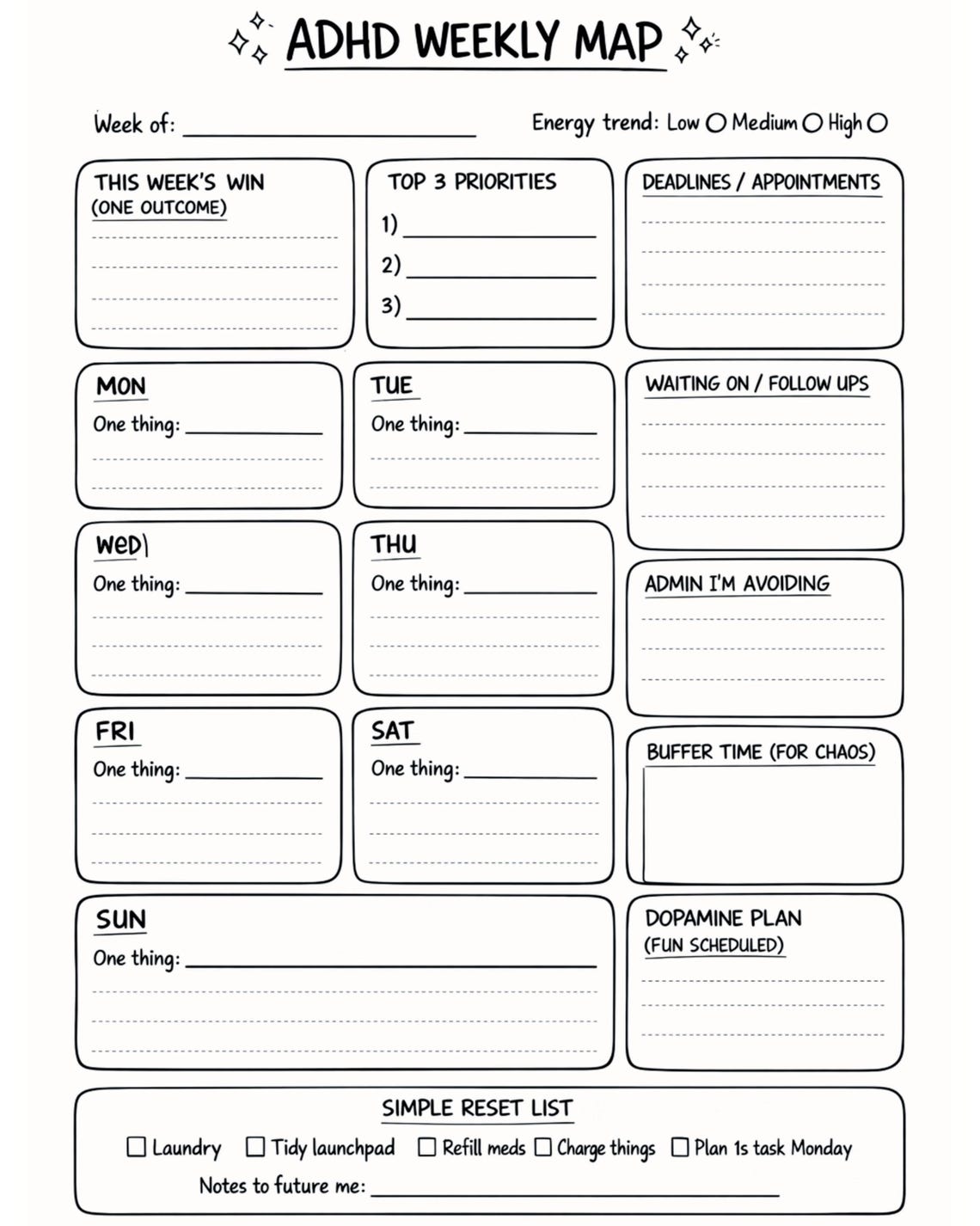ADHD Weekly Planner | Executive Function Printable (US Letter, A4, A5 ...