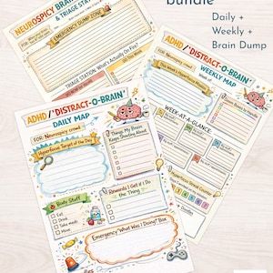 Ensemble d'agendas TDAH imprimable, quotidien + hebdomadaire + vidage cérébral (PDF de 4 tailles) - Système neurodivergent de distraction cérébrale