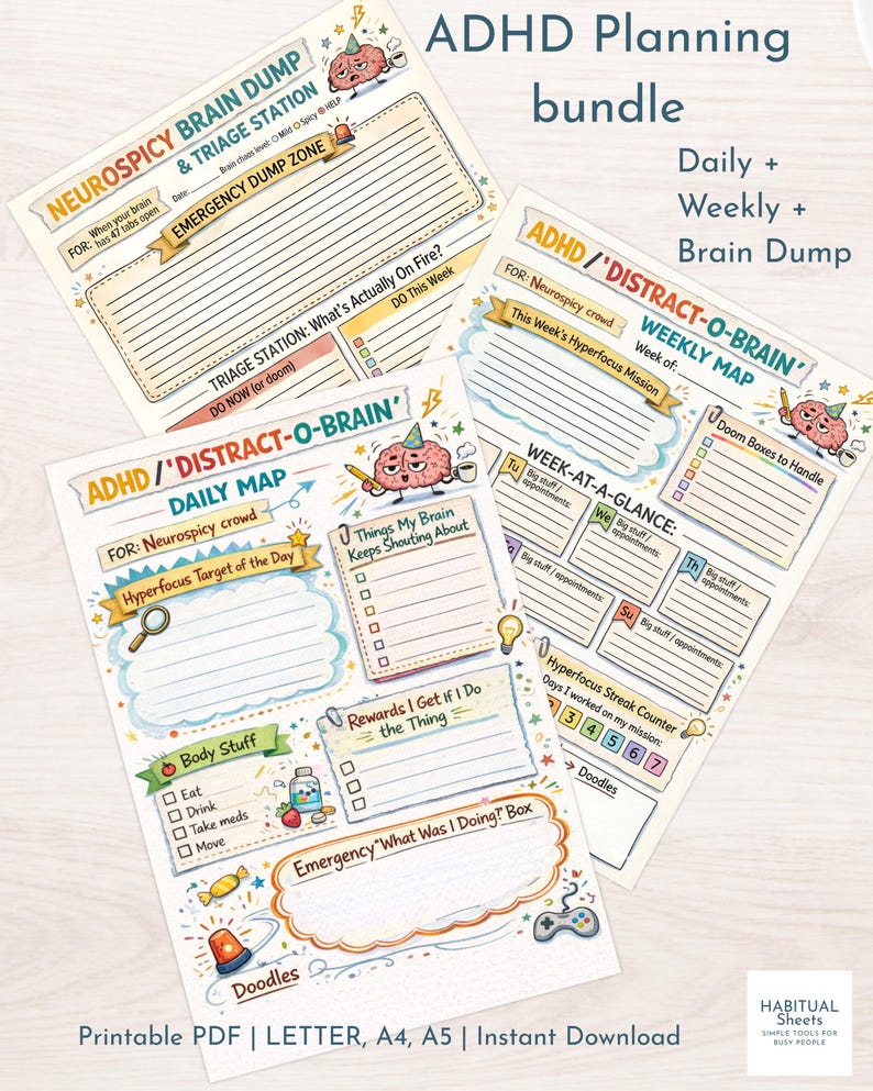 ADHD Planner Bundle Printable, Daily + Weekly + Brain Dump (4 Sizes PDF ...