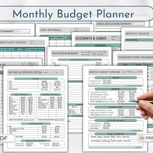 May include: A collection of printable monthly budget planner pages. The pages include sections for income, expenses, savings, and debt tracking. The planner is designed to help users manage their finances and track their spending habits.