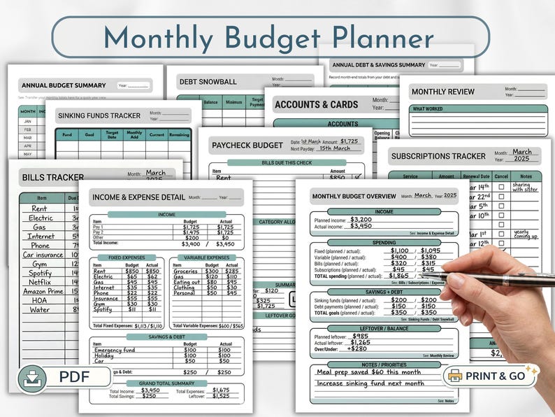May include: A collection of printable monthly budget planner pages. The pages include sections for income, expenses, savings, and debt tracking. The planner is designed to help users manage their finances and track their spending habits.
