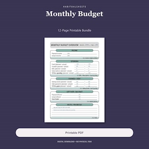 May include: A 12-page printable monthly budget planner bundle featuring a Monthly Budget Overview sheet. The document includes sections for income, spending, savings, debt, and notes, with text labels in black on a white background.