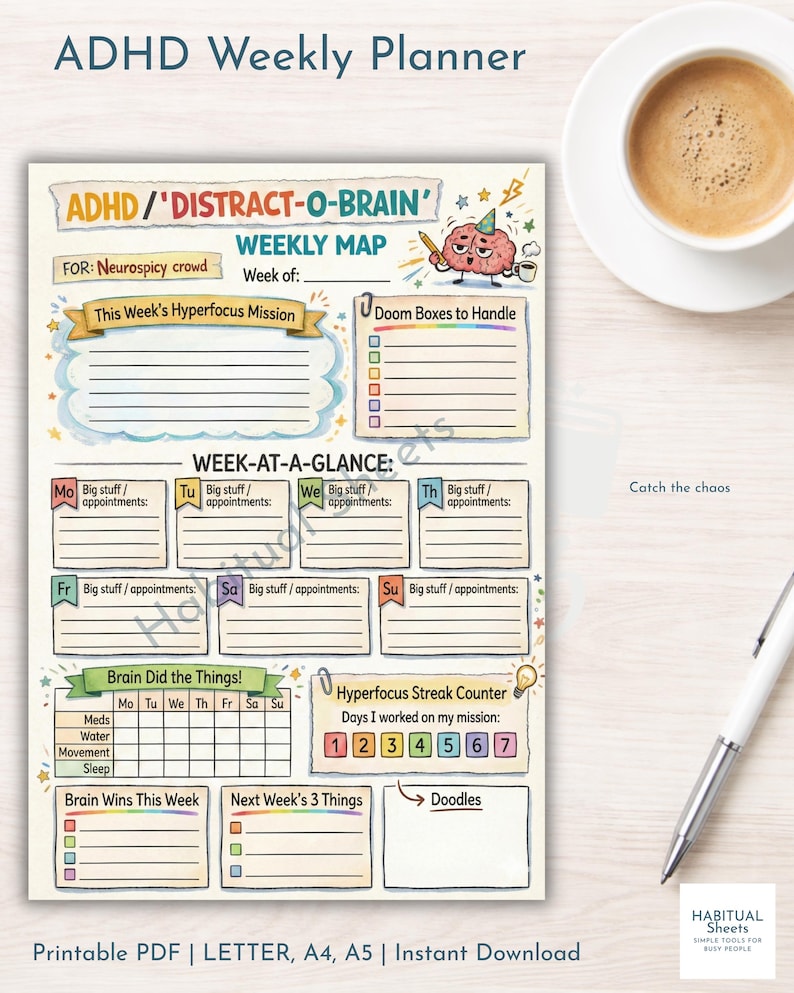 ADHD Planner Bundle Printable, Daily + Weekly + Brain Dump (4 Sizes PDF ...