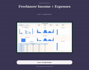 May include: A digital spreadsheet template titled Freelancer Income + Expenses for Excel and Google Sheets. The interface displays an annual dashboard with blue bar and area charts, financial data tables, and summary metrics for tracking income and expenses.
