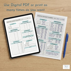 May include: A digital monthly budget planner with sections for income, expenses, savings, and debt. The planner includes a checklist and notes section. Text on the image reads "Use Digital PDF or print as many times as you want."