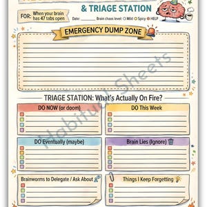 May include: A colorful, illustrated printable sheet titled "Neurospicy Brain Dump & Triage Station." It features sections for task management, including "Emergency Dump Zone," "Do Now," "Do This Week," and "Brain Lies." The sheet includes text and graphics.