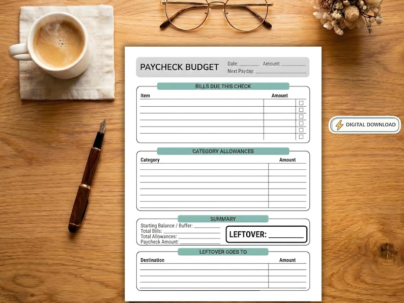 May include: A digital download of a paycheck budget planner with sections for bills, allowances, and a summary. The document includes the text "PAYCHECK BUDGET" and "LEFTOVER:". A coffee cup, pen, and glasses are on a wooden surface.