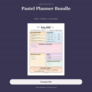 Könnte beinhalten: Ein Pastel Planner Bundle als druckbares PDF mit einer Daily MAP-Seite, die Abschnitte für Tagesziele, Fokusblöcke, Termine, Fristen, Brainstorming, Sortierung, Notfälle und grundlegende tägliche Aufgaben in Pastellfarben enthält.