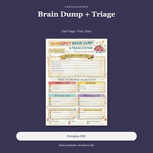 May include: A printable Brain Dump and Triage Station planner page featuring sections for an Emergency Dump Zone, Triage Station, and task categories. The document includes a cartoon brain character and text labels for organizing daily thoughts and priorities.