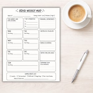 May include: A white ADHD weekly planner with sections for daily tasks, priorities, and appointments. The planner includes a "Simple Reset List" and a "Dopamine Plan." A cup of coffee and a pen are on the table.