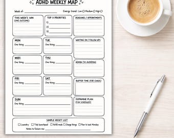 ADHD 週間プランナー | 実行機能印刷可能（US レター、A4、A5）（即時ダウンロード）