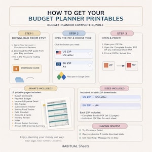 May include: A beige and white digital download graphic with instructions on how to get budget planner printables. The graphic includes steps to download from Etsy, open the PDF, and print. It lists included pages and sizes.