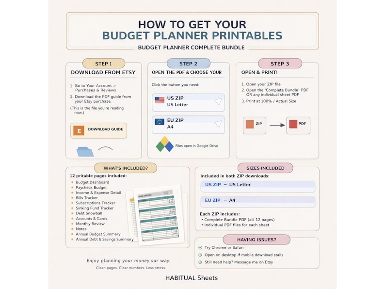 May include: A beige and white digital download graphic with instructions on how to get budget planner printables. The graphic includes steps to download from Etsy, open the PDF, and print. It lists included pages and sizes.