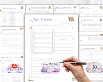 Serene Sloth デイリープランナー | 10ページ PDF オーガナイザー デジタルダウンロード (A4、A5、US レター)