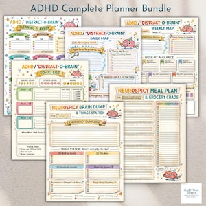 May include: A collection of printable ADHD planner sheets with colorful designs. The bundle includes cleaning, daily, weekly, and meal planning templates, along with to-do lists and brain dump pages. The text includes "ADHD", "Neurospicy", and "Emergency Dump Zone".