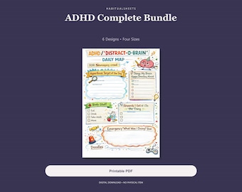 May include: A printable ADHD Complete Bundle planner sheet titled ADHD / 'DISTRACT-O-BRAIN' DAILY MAP. The page features colorful sections for Hyperfocus Target of the Day, Things My Brain Keeps Shouting About, Body Stuff, Rewards, and an Emergency Box.