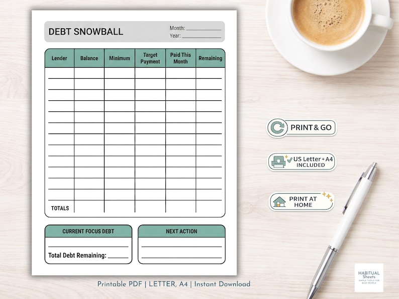 May include: A white printable debt snowball tracker with a green header and footer. The tracker includes sections for lender, balance, minimum payment, target payment, paid this month, and remaining. A pen and a cup of coffee are next to the tracker.