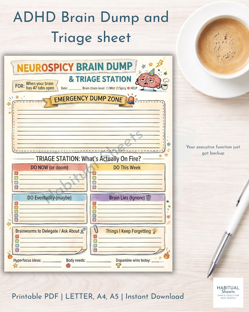 May include: A printable ADHD brain dump and triage sheet with the text "NEUROSPICY BRAIN DUMP & TRIAGE STATION". The sheet includes sections for tasks, ideas, and needs, with a cup of coffee and a pen in the background.