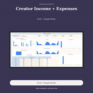 May include: A digital spreadsheet template for creator income and expenses, compatible with Excel and Google Sheets. The interface displays an annual dashboard with various blue bar and area charts, financial data tables, and summary metrics.