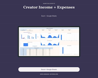 May include: A digital spreadsheet template for creator income and expenses, compatible with Excel and Google Sheets. The interface displays an annual dashboard with various blue bar and area charts, financial data tables, and summary metrics.
