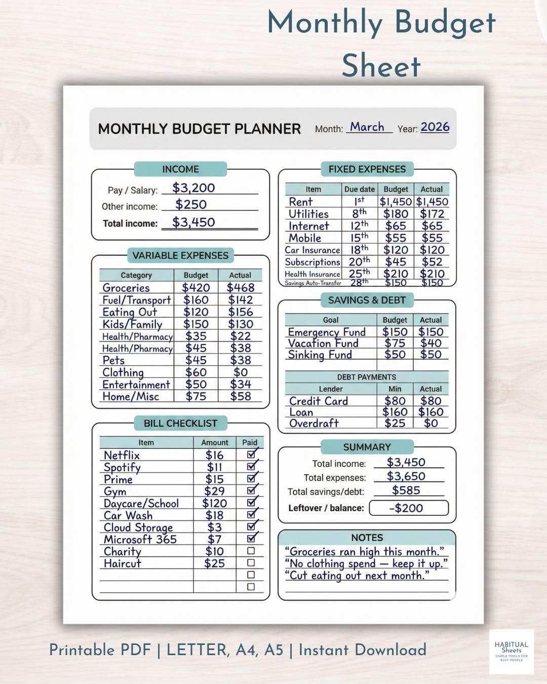 2026 Monthly Budget Planner Printable, Simple Finance Tracker PDF (A4, US Letter PDF)