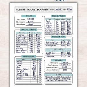 Puede incluir: Hoja de planificación presupuestaria mensual imprimible, con secciones para ingresos, gastos, ahorros y deudas. Incluye una lista de verificación de facturas y una sección de notas. Para el seguimiento financiero.