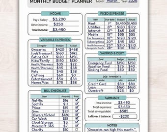 2026 Monthly Budget Planner Printable, Simple Finance Tracker PDF (A4, US Letter PDF)