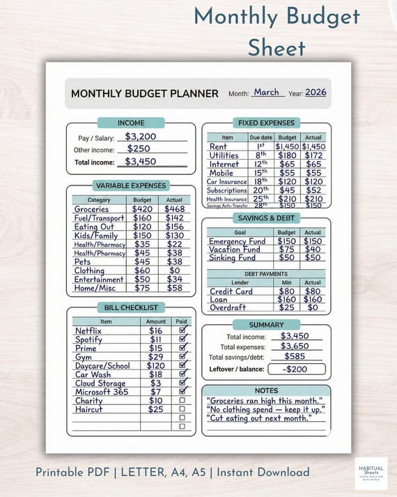 2026 Monthly Budget Planner Printable, Simple Finance Tracker PDF (A4, US Letter PDF)
