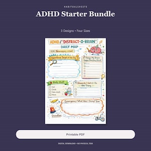 Paquete básico de planificador para TDAH, PDF diarios, semanales y para anotar ideas, cuatro tamaños.