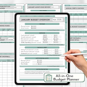 May include: A digital budget planner on a tablet, featuring financial tracking templates. The screen displays a January budget overview with income, expenses, and savings details. The text "All-in-One Budget Planner" is visible.