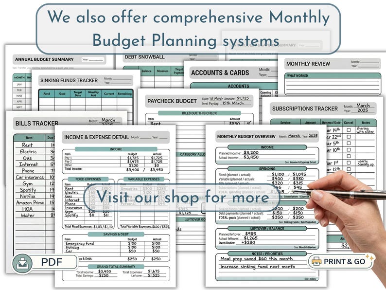 May include: A collection of printable budget planning sheets with teal accents. The sheets include sections for annual summaries, debt tracking, income and expenses, and monthly overviews. Text on the image says "We also offer comprehensive Monthly Budget Planning systems."