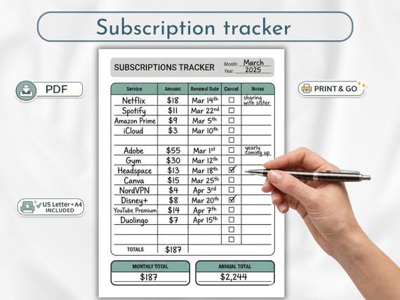 Subscription Tracker Printable | Finance Log (A4, US Letter PDF)