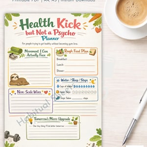 Health Kick Daily Planner | Wellness Tracker, Food, Sleep, Steps (Printable PDF A4/A5/Letter
