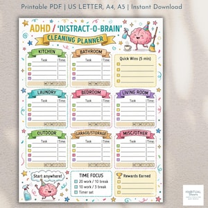 Op de afbeelding: Een kleurrijke schoonmaakplanner getiteld "ADHD / 'DISTRACT-O-BRAIN' CLEANING PLANNER." De planner bevat secties voor keuken, badkamer, was, slaapkamer, woonkamer, buiten, garage/opslag en diverse. Afdrukbare PDF.