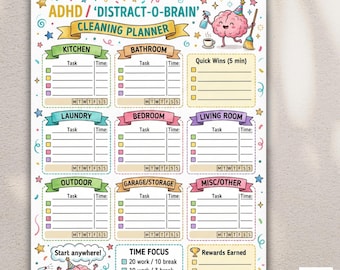 ADHD 掃除プランナー | 神経多様性のある脳の気晴らし家事トラッカー (PDF 印刷可能。A4/A5/レター/ハーフサイズ)