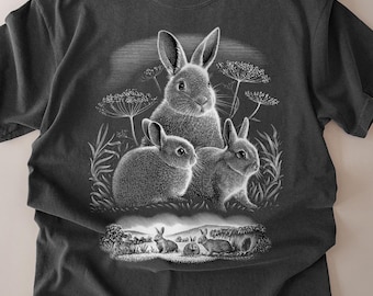 Camiseta vintage de conejito, bosque de flores silvestres, regalo para amantes de los conejos