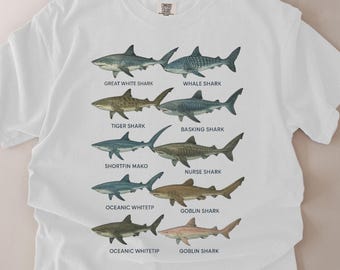 Camiseta vintage com estampa de espécies de tubarão, camiseta com tubarão branco, camiseta com animais marinhos e biologia do oceano, estampa de tubarão-baleia, presente para pescadores.